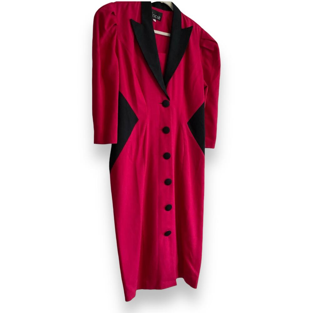 Vintage 80s Pink Black Cloth Button Collar V Neck Boxy Oversize Dress Sz Medium - Picture 3 of 16